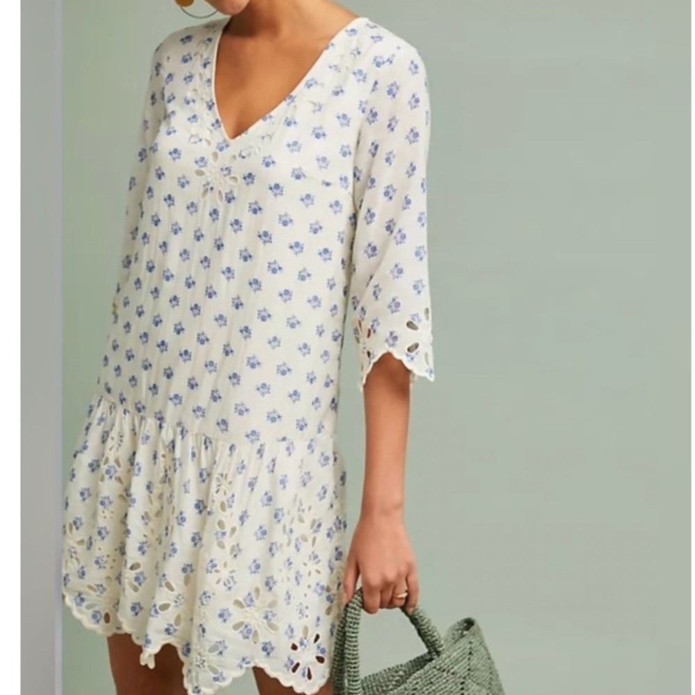 Meadow Rue Anthropologie Dress White Blue Floral Eyelet Drop Waist Mini XS